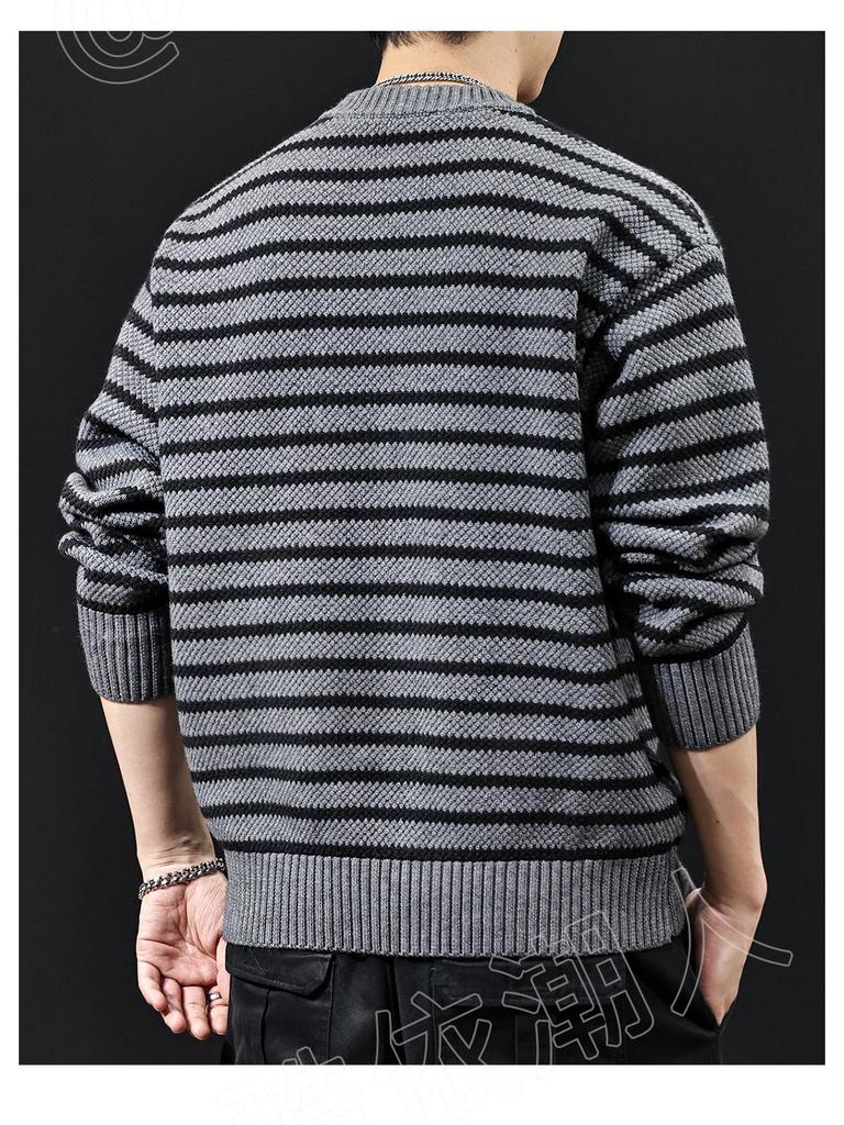 2025 Men's American-Style Striped Knit Sweater: Round Neck, Thick, Plus Size, Warm Autumn/Winter Layer