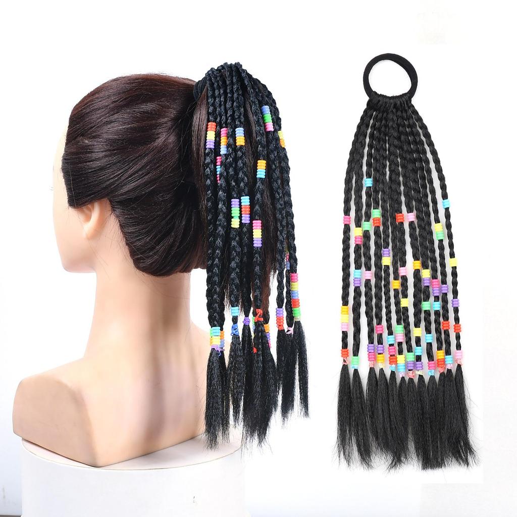 Short Dreadlocks Black Braided Ponytail Hair Extensions for Girls Colorful Beads Decorated Stylish Synthetic Hair Accessories Daily
