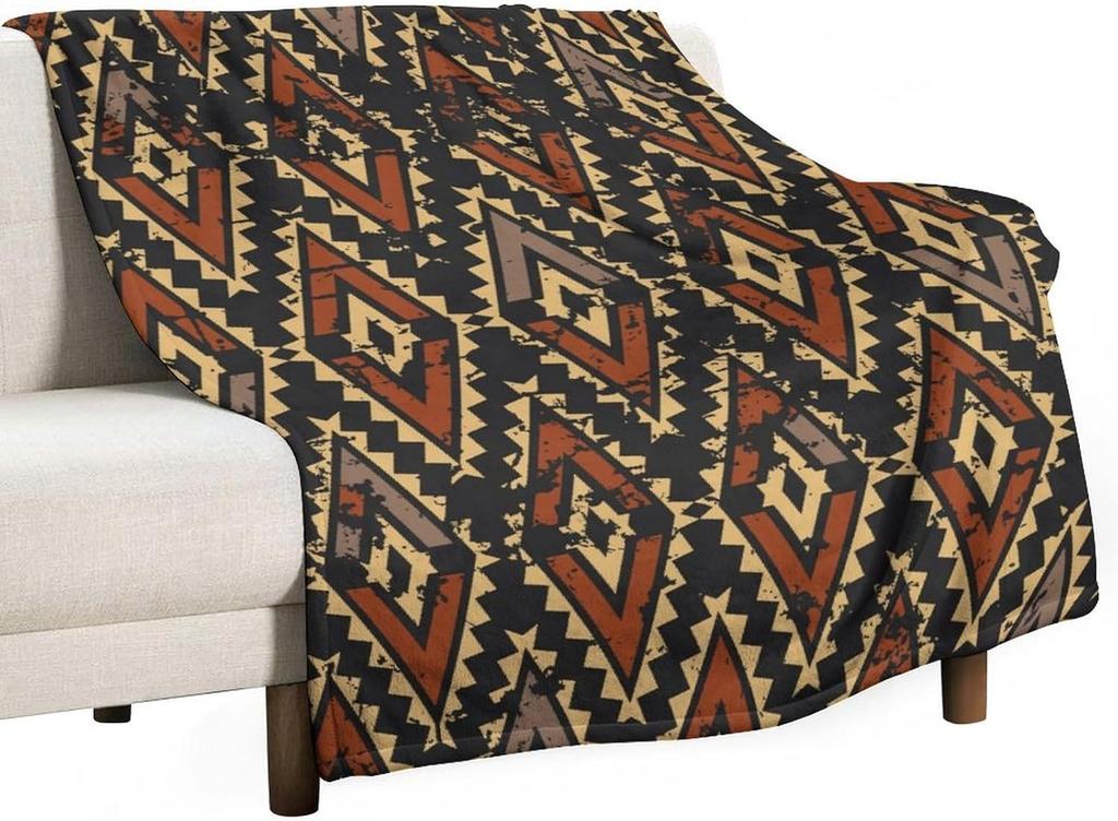 Black White Abstract Geometric Vintage Textured Boho Pattern Print Super Soft Flannel Throw Blanket for Bed Sofa