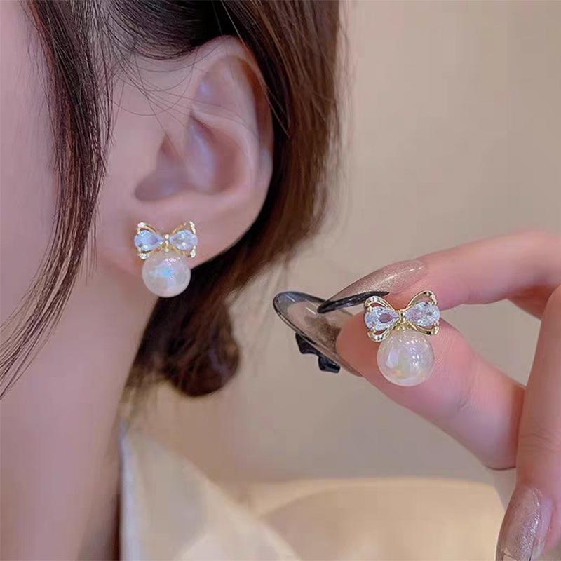 Luxury Imitation Pearl Zircon Bowknot Stud Earrings For Women Love Heart Crystal Flower Earring Girls Festival Wedding Jewelry