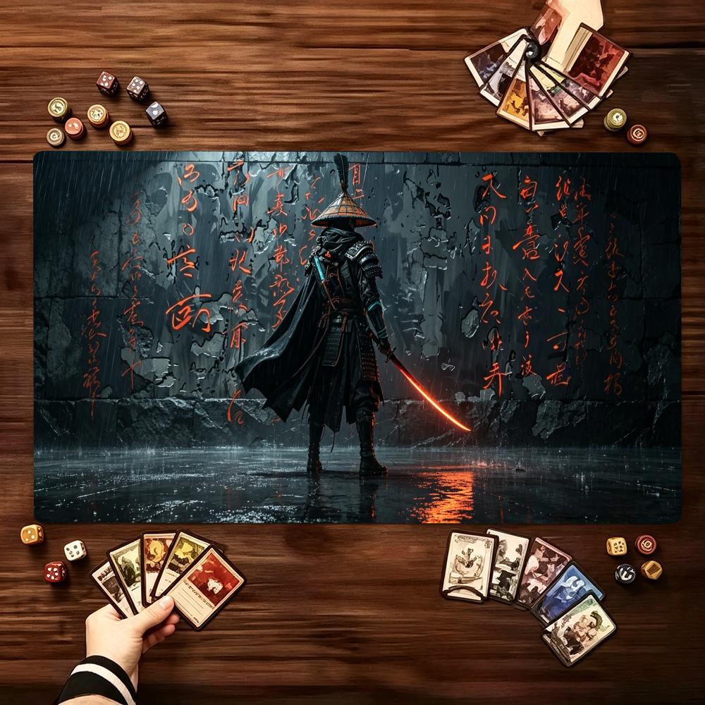 Dark Oriental Ronin Swordsman Ink Art Large Game Playmat NonSlip Rubber Base With Stitched Edges For Card Gaming And Desk