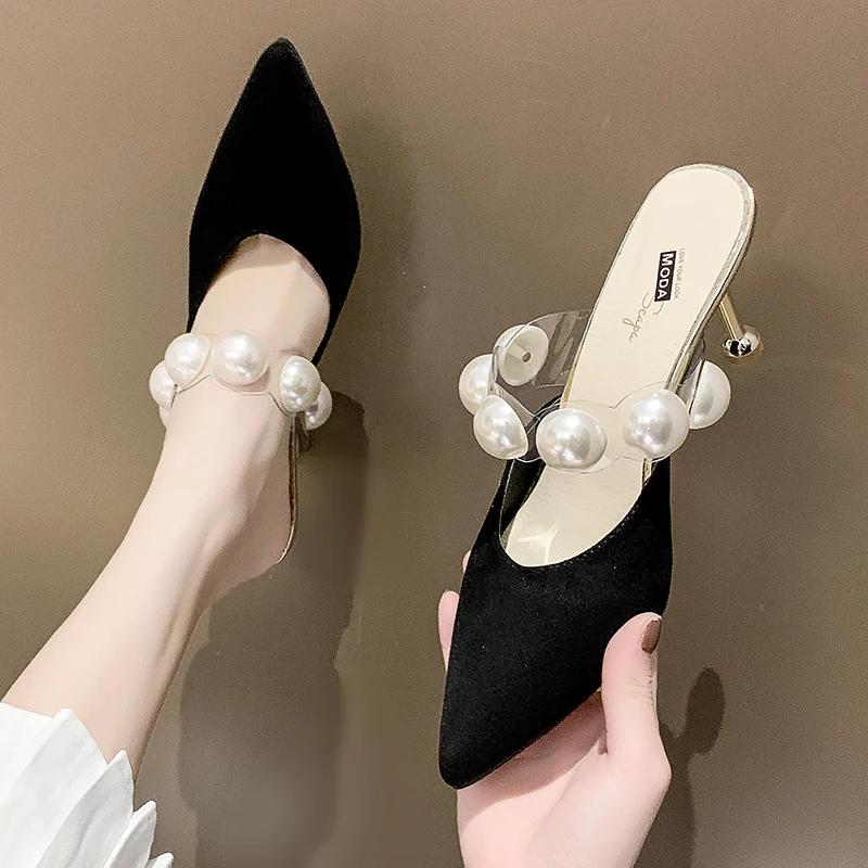 Fashion Pearl Black Sandals Women Summer Slippers Thin Heels 2025 Outdoor High Heels Pointed Toe Mules