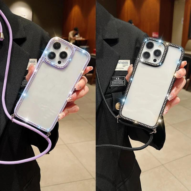 Diamond Glitter Crossbody Necklace Lanyard Case For iPhone 16 16E 11 12 13 14 15 Pro Max Plus Bling Transparent Soft Cover