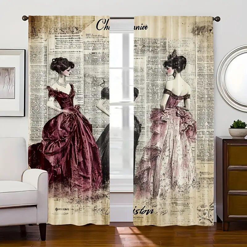 

Retro Newspaper Print Curtains Suitable Bedrooms Living Rooms Home Decoration Family Christmas Made Of Polyester Area Window Treatment W100*H70(CM)-Grommet top&2PCS