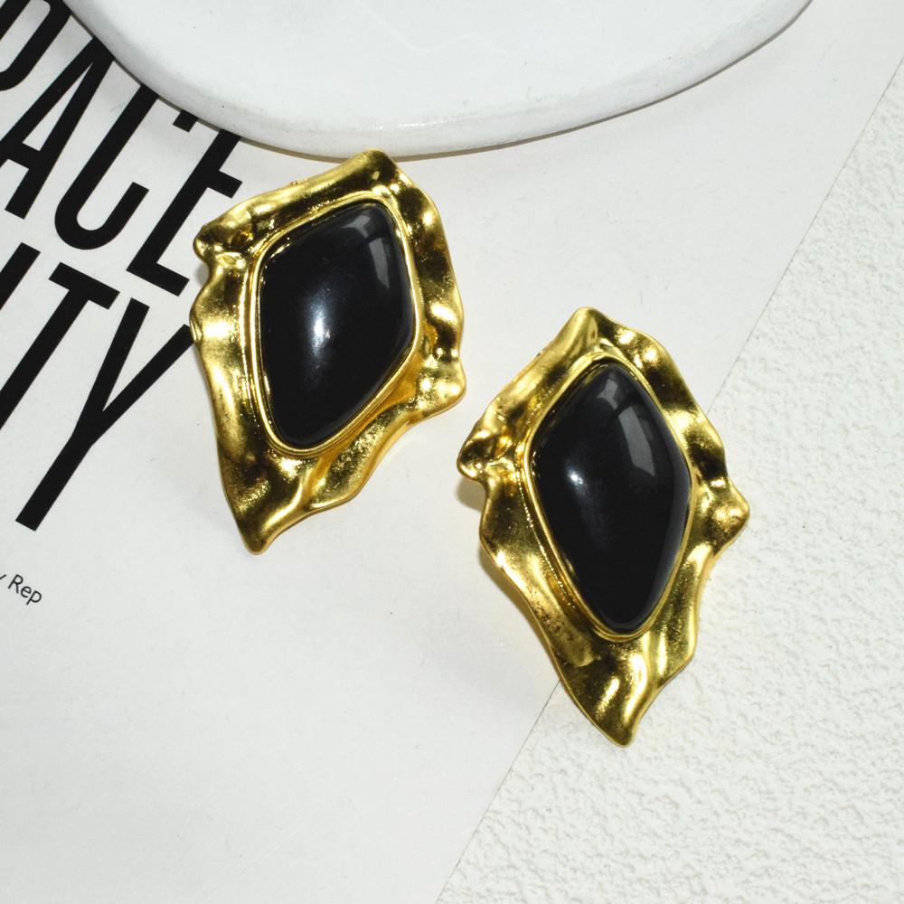 New Rhombus Geometric Metal Alloy With Black Stone Stud Earrings For Women Jewelry Gorgeous Daily Collection Accessory