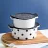 Circular Polka Dot Double Ear Ceramic Bowl, Tableware, Creative and Cute Dessert Bowl, Household Fruit Salad Bowl, Oven with Lid