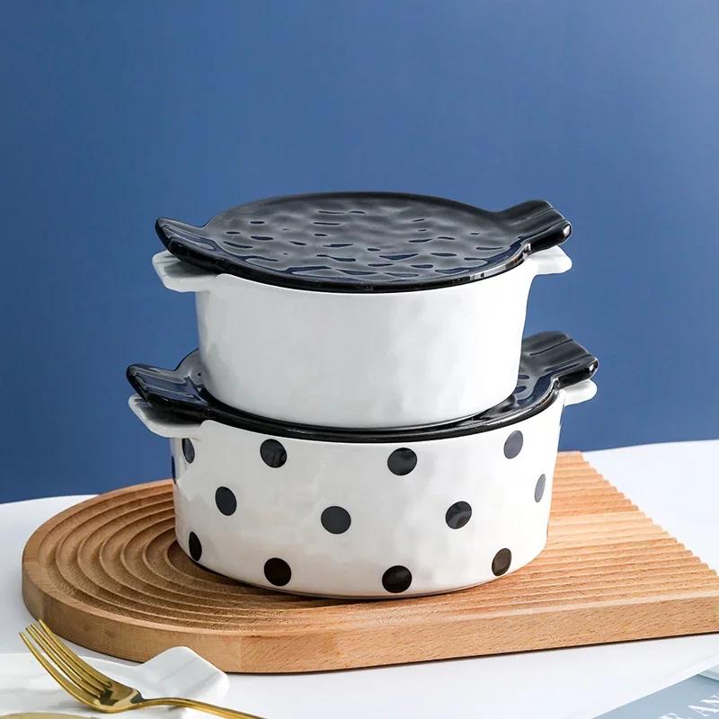 Circular Polka Dot Double Ear Ceramic Bowl, Tableware, Creative and Cute Dessert Bowl, Household Fruit Salad Bowl, Oven with Lid