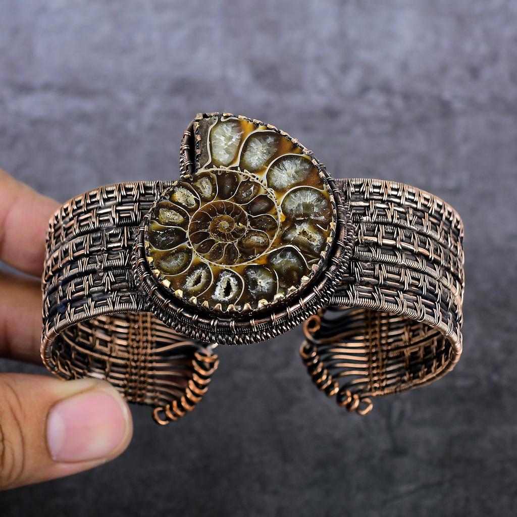 Natural Ammonite Fossil Gemstone Copper Wire Wrap Cuff Bangle Adjustable E7q41