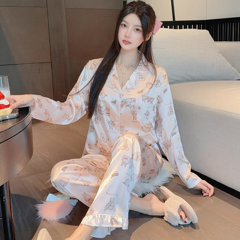 Light Luxury Retro High-End Leopard Print Star Ice Silk Pajamas Women'S Long-Sleeved Trousers Loungewear Set