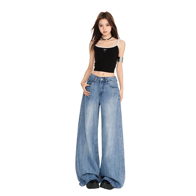Retro Wide-leg Jeans Women's Summer and Autumn New Tencel Lyocell High-waisted and Thin Straight Casual Pants