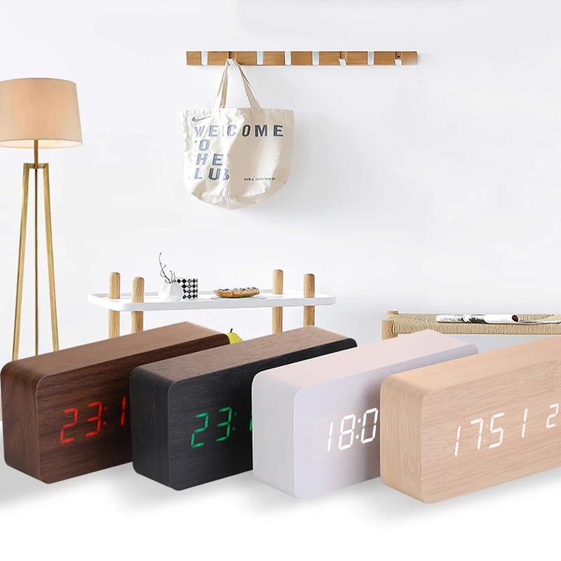 Wooden Square LED Smart Alarm Clocks for Bedrooms Digital Bedside Clock with Temperature Voice Control Desktop Clock