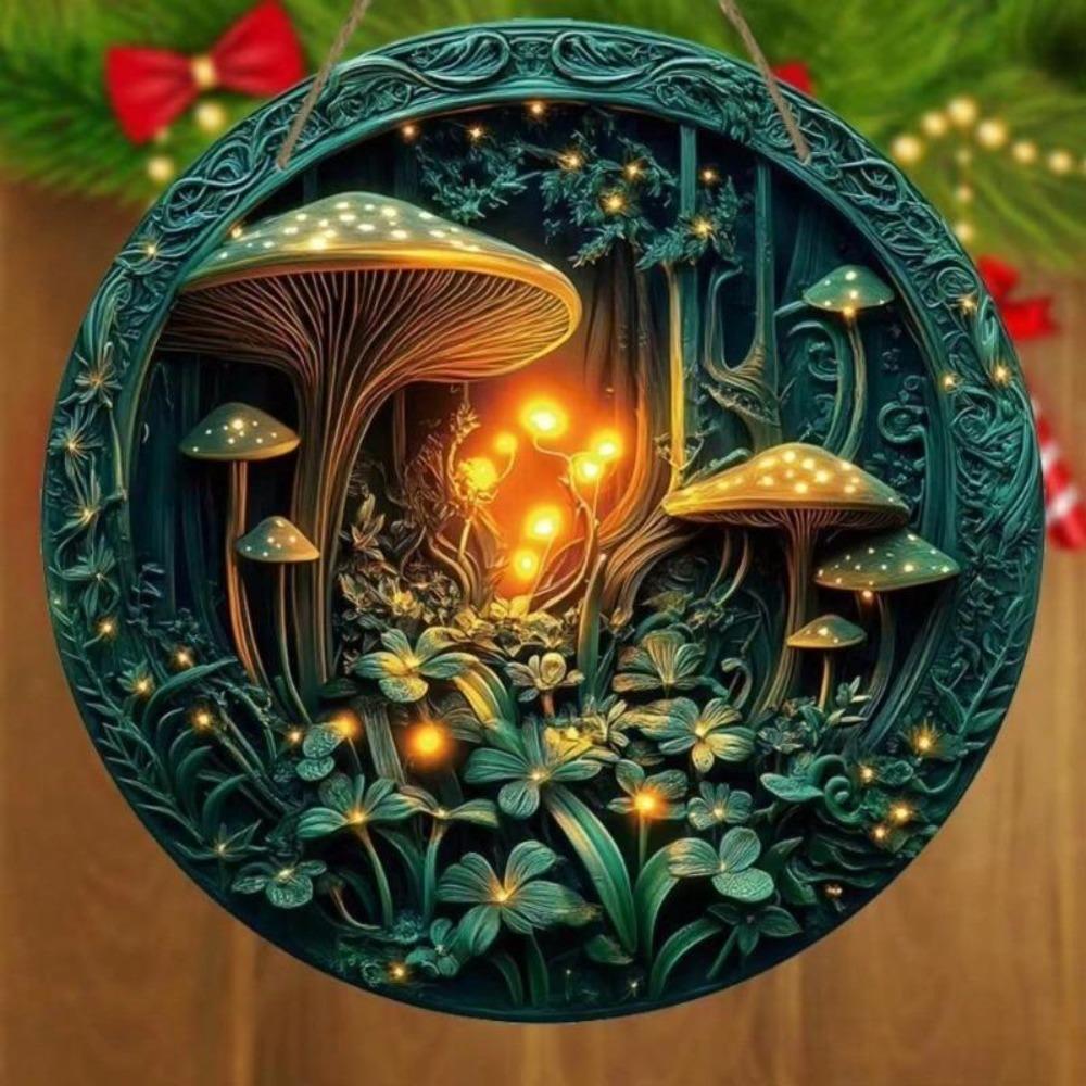 Metal Wall Art Forest Mushroom Pattern Round 2D Decor Dream Design