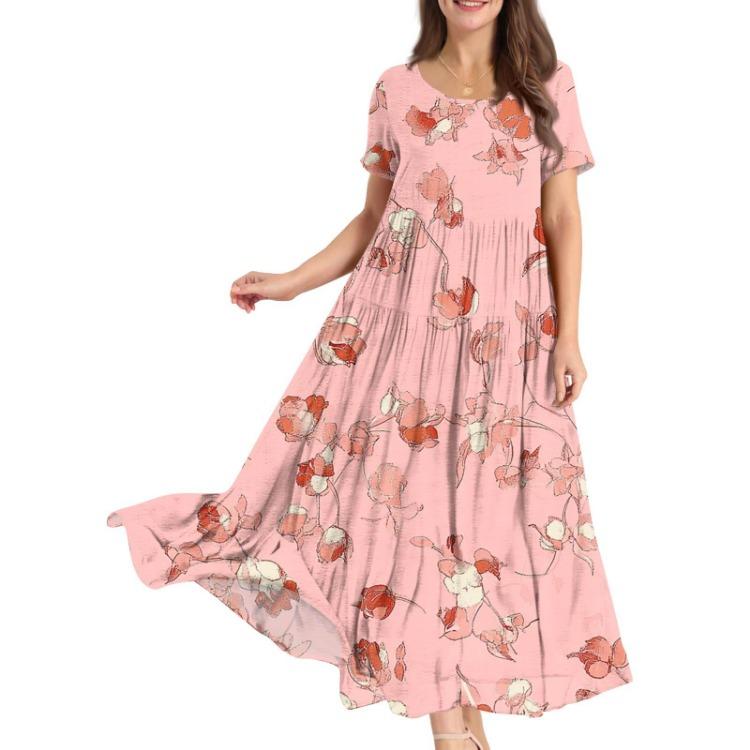 Women Summer Boho Floral Printed Loose Dress Round Neck Short Sleeve