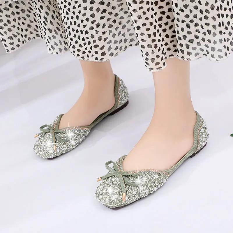 Fashion Pink with Crystals Diamond Ladies Footwear Green Rhinestone Women's Flat Shoes Bow Korean Style Y2k Vintage Fashion Cheap A Line