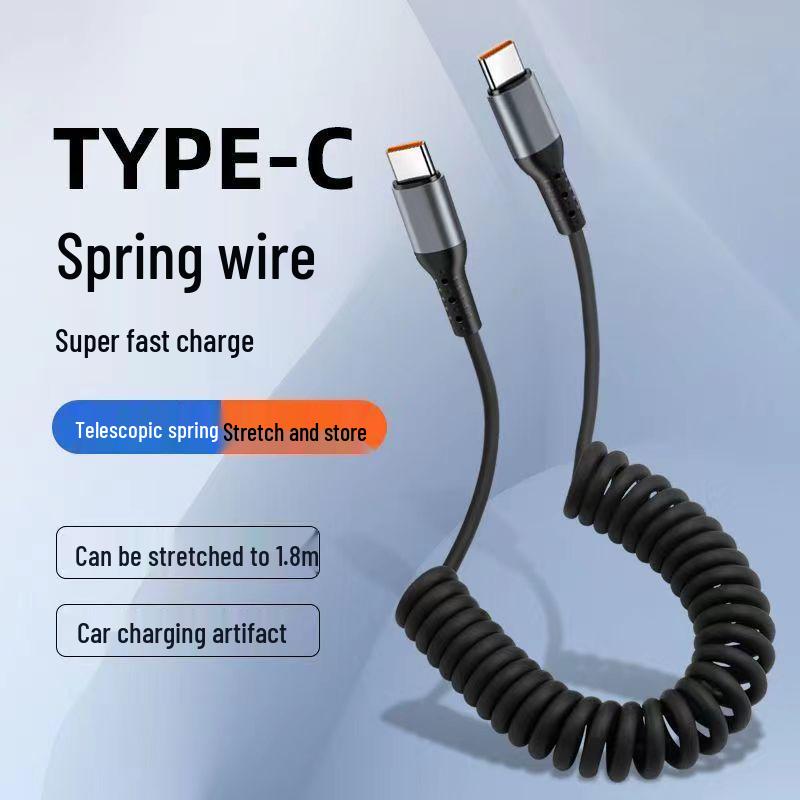 100W Dual-Head Type-C Fast Charging Cable: 6A Retractable Spiral PD Data Cable for Car.