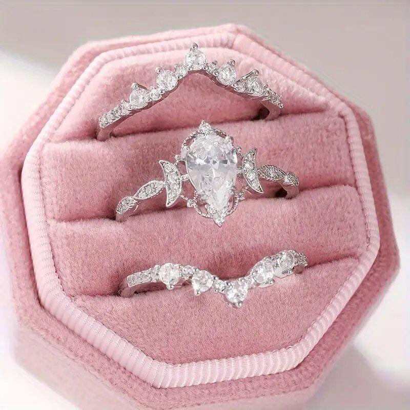 Crown Water Drop Shiny Wax Set Ring Girl, Wedding Proposal Ring Three-piece Set, European and American Rings