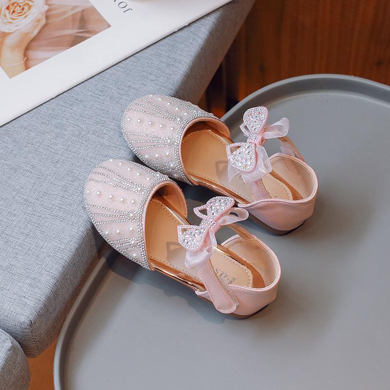 Girls' Princess Half sandals2026New Summer Children's Cute Bowknot Shiny Pearl Rhinestone Performance Shoes