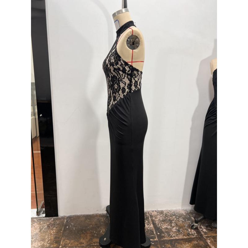 Womens Black Sexy Hollow Out Slim Fit Backless Halter Long Party Dress
