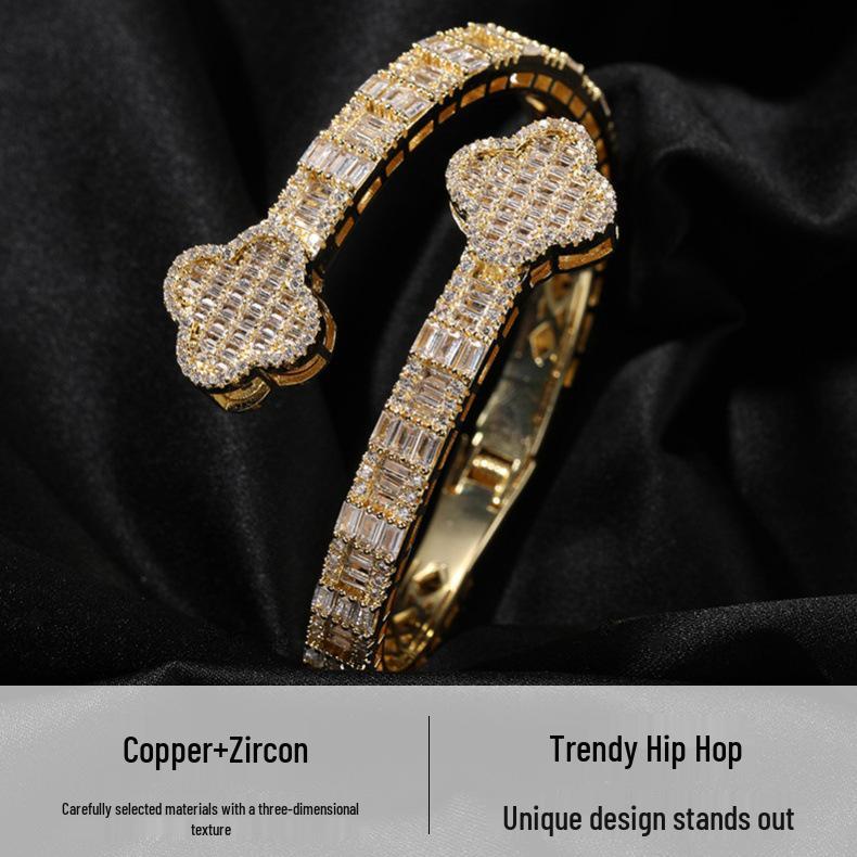 European & American Copper Zircon Four-Leaf Clover Bracelet - High-End Hip Hop Fashion Accessory