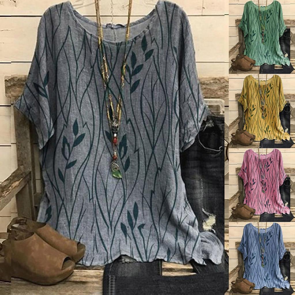 Women Fashion Summer 2022 Round Neck Pullover Printed Short Sleeve Top Blouse