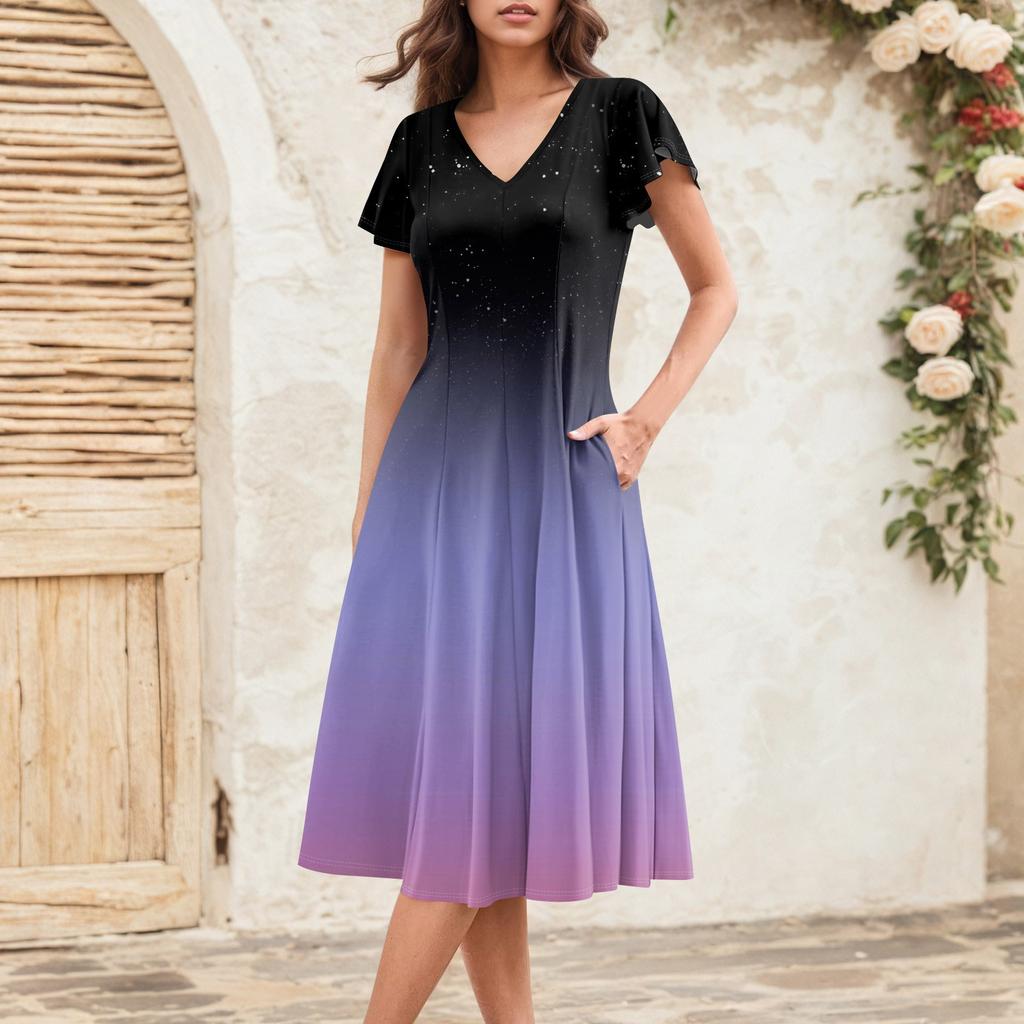Women's Summer Fashion V-Neck Ruffle Sleeve Retro Elegant Midi Dress