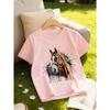 European sizes Girls' Cool and Stylish Crew Neck T-Shirt with Horse Print | Knit Fabric, Slight Stretch, Regular Fit, Perfect for Spring/Summer