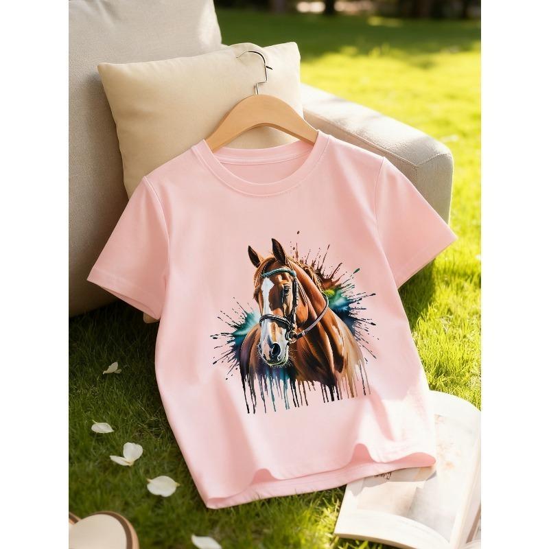 European sizes Girls' Cool and Stylish Crew Neck T-Shirt with Horse Print | Knit Fabric, Slight Stretch, Regular Fit, Perfect for Spring/Summer