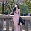 French pink lace dress women's summer new vacation style age-reducing temperament sleeveless waist A-shaped long skirt