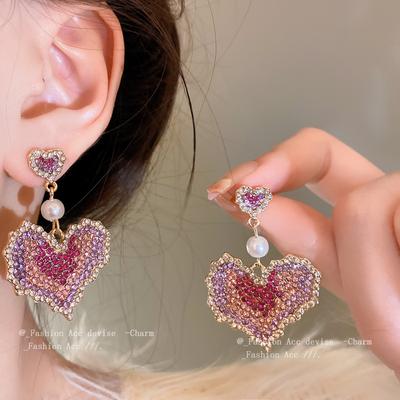 925 Silver Needle Full Diamond Love Earrings Korean Version Versatile Fashion Earrings Internet Celebrity Explosion Cold Wind Simple Earrings