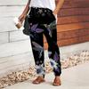 Women Bird Printing Pants Lace Up Elastic Waist Loose  Trousers Casual Long Pants Trousers with Pockets