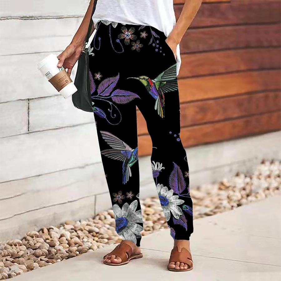 Women Bird Printing Pants Lace Up Elastic Waist Loose  Trousers Casual Long Pants Trousers with Pockets