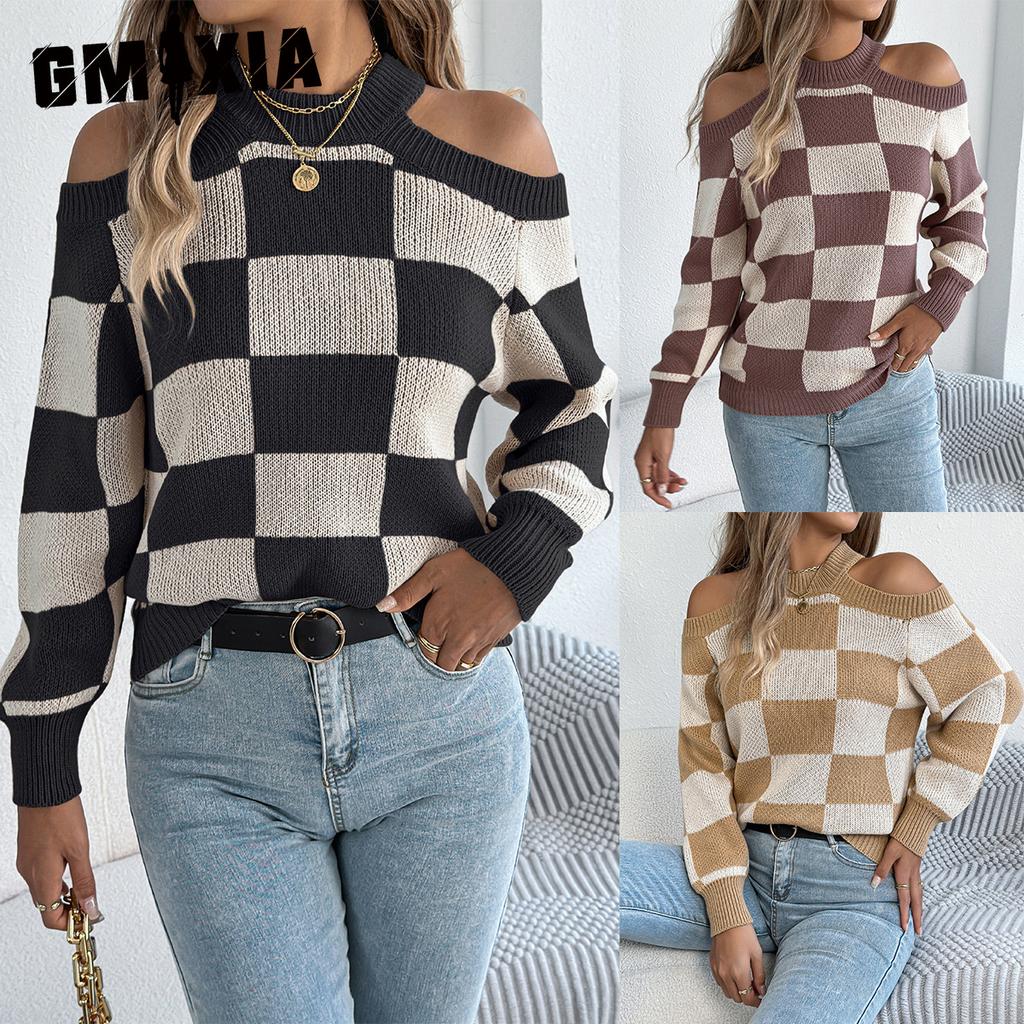 GMXIA Podzimní a zimní ležérní svetr s odhalenými rameny, barevně blokovaný kostkovaný svetr s lucernovými dlouhými rukávy, dámské oblečení