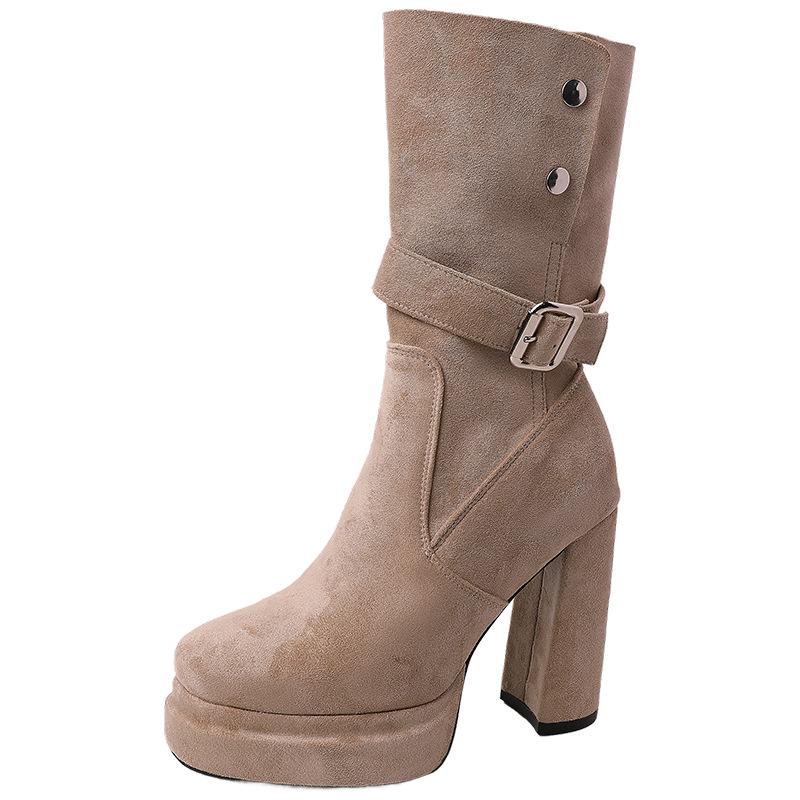 Frosted thick heel slim retro thick-soled sleeve western boots women's autumn and winter new fashion Martin boots