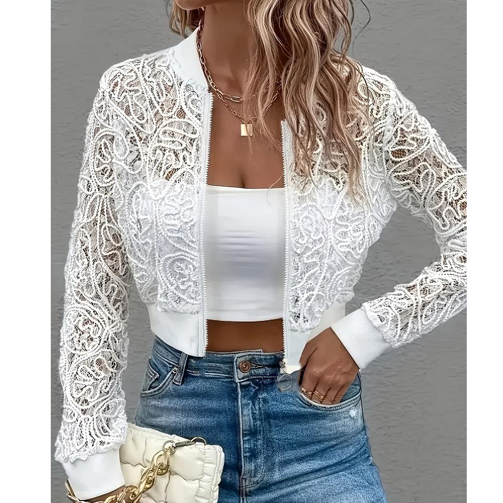 

Женские осенние тонкие кружевные куртки на молнии, женская верхняя одежда с длинными рукавами и ажурным узором, короткие куртки XL белый