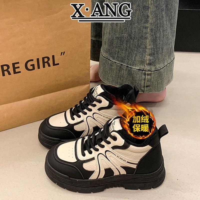 Fleece warm two cotton shoes children's shoes leather high-top shoes new autumn and winter platform casual sports shoes