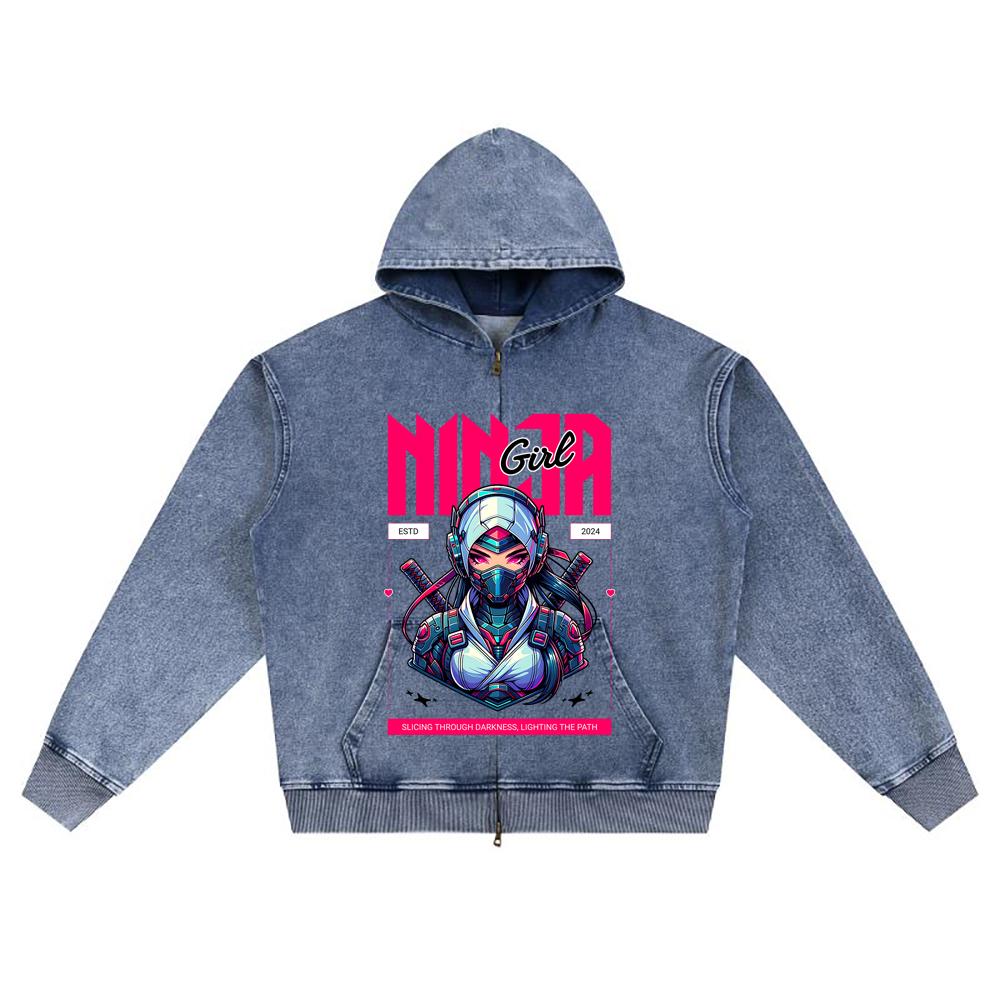 DTG print Knitted Denim Zip-Up Hoodie Ninja Girl Brother Print Zipper Hoodies