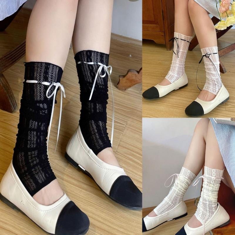 Womens Girls Summer See Through Striped Lace Leg Warmer Cute Ribbon Bowknot Lightweight Leg Cover Long Socks Stockings