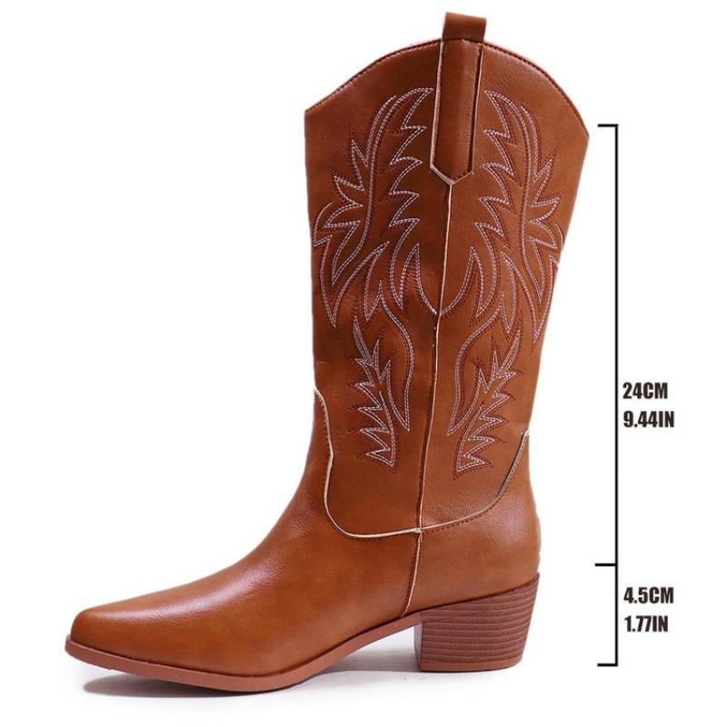 Women's Mid-calf Boots High Quality Casual Leather Boot Pointed Embroidered Western Cowboy Boots for Women Vintage Knight Boots