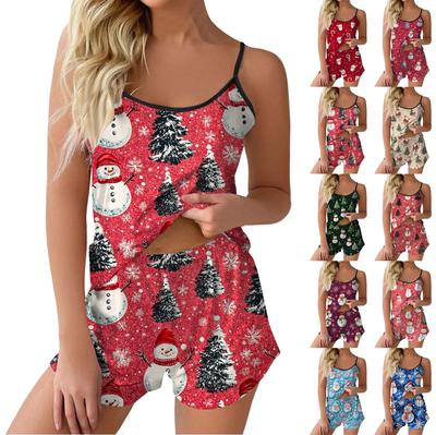 Damen Modisches, lässiges Pyjama-Set mit ärmellosem Oberteil und Shorts mit Weihnachtsmuster
