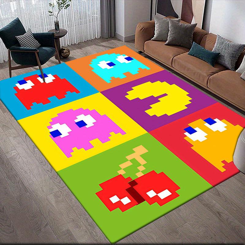 Pac‑Man Cartoon Flannel Printed Carpet, Home Sofa Decoration for Living Room & Bedroom, Non‑Slip Play Flannel Floor Mat for Game Room