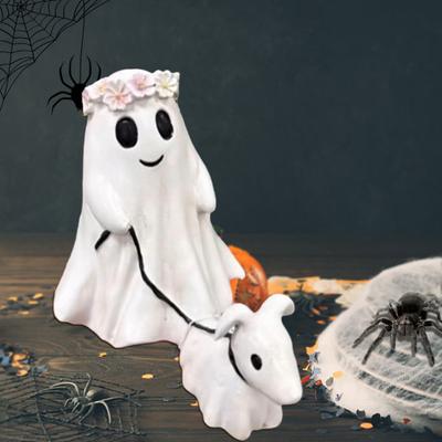 Halloween Ghost Walking Dog Statue Spooky Cartoon Ghost Puppy Figurine Resin Sculpture Indoor Outdoor
