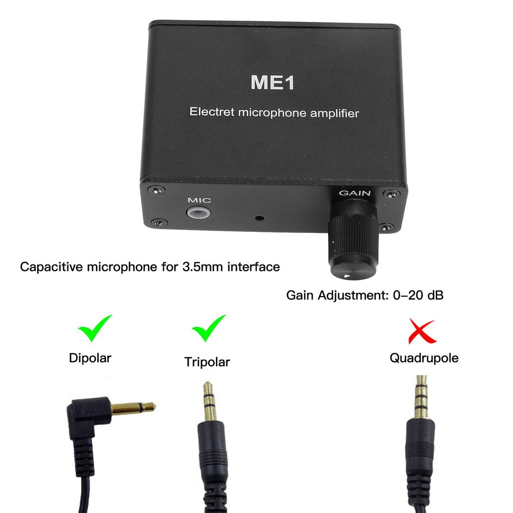 Microphone Amp Electret Microphone Amp Adjustable Gain 0‑20db Condenser Mic Headphone Sound Preamplifier ME1 3.5mm Input