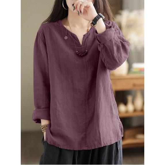 

Autumn Women Vintage Cotton Blouse Fashion Solid Loose Shirt Work Tunic Blusas Mujer 2024 Female V Neck Long Sleeve Tops XS фіолетовий