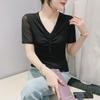 Damen Europäischer Stil Perlen V-Ausschnitt Mesh T-Shirt - Kurzarm, Vielseitig, Modische Sommerbluse