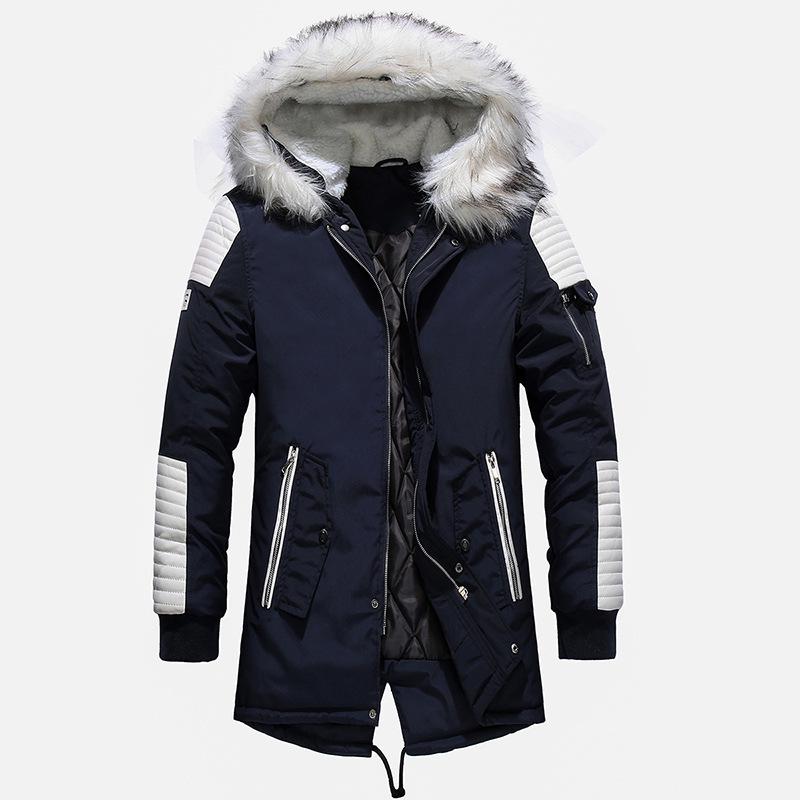 Men's Long Cotton Coat with Big Fur Collar, Thickened, 2018 Fashion.