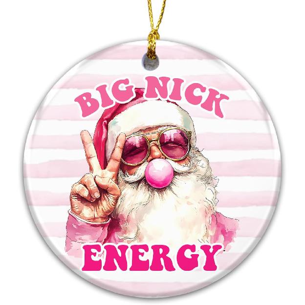 Funny Adult Ornament 2025 – White Elephant Gift, “Big Nick Energy” Ceramic Ornament with Cool Santa Design – Holiday Tree Decoration, Gag
