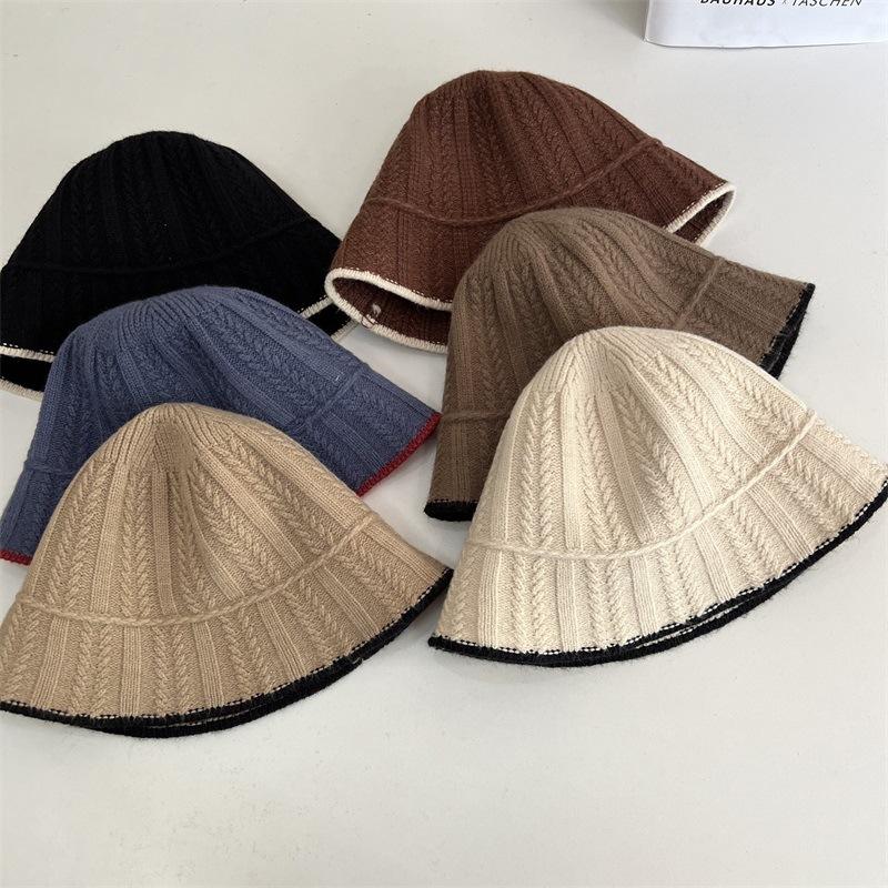 Simple bucket hat women's autumn and winter new contrasting color knitted bucket hat fashion sunshade sunscreen hat