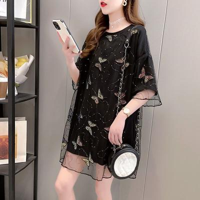 Frauen Sommer Mesh Schmetterling Patchwork T-shirts Kurzarm Lose Tops Koreanischen Stil Gefälschte Zwei Stücke Übergroßen T-shirts