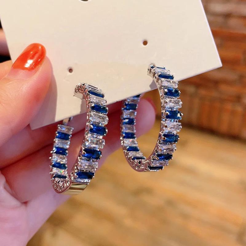 Huitan Gorgeous High-quality Hoop Earrings Female Luxury Party Jewelry Geometric Bright Blue/White Cubic Zirconia Accessories