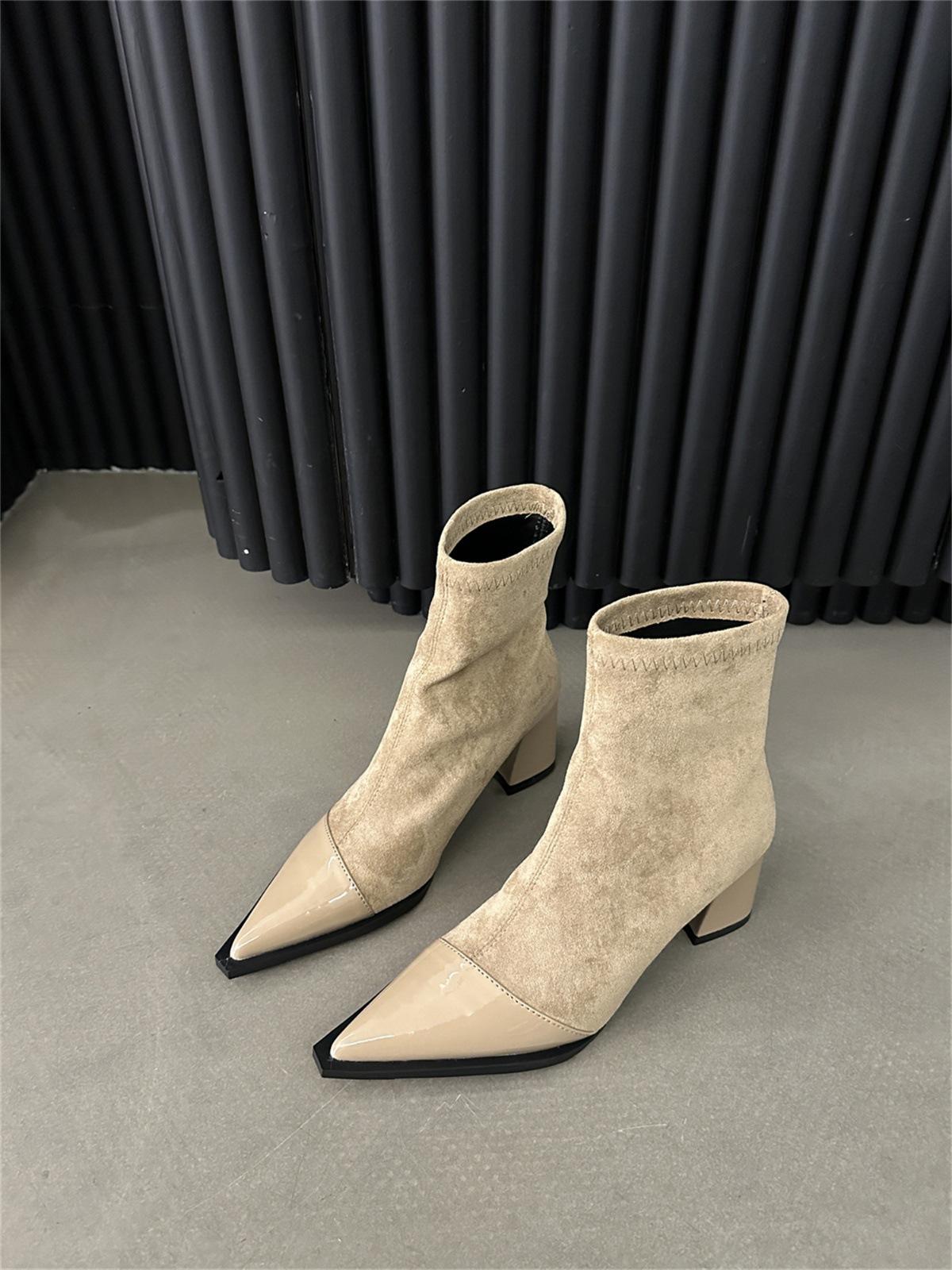 

Европейские и американские остроносые короткие сапоги на высоком каблуке, осенне-зимний нишевый дизайн, комбинированный темперамент, модные сапоги на толстом каблуке 38 хаки